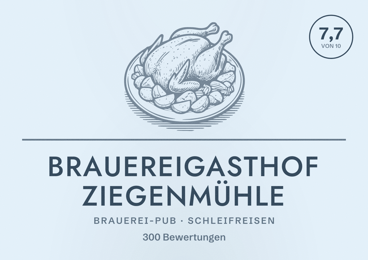 Illustriertes Poster von Brauereigasthof Ziegenmühle, Brauerei-Pub in Schleifreisen: Bewertung 7,7 von 10 aus 300 Bewertungen