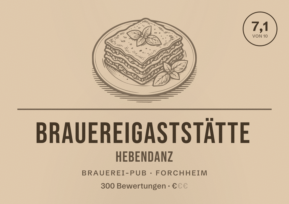 Illustriertes Poster von Brauereigaststätte Hebendanz, Brauerei-Pub in Forchheim: Bewertung 7,1 von 10 aus 300 Bewertungen, Preisniveau €