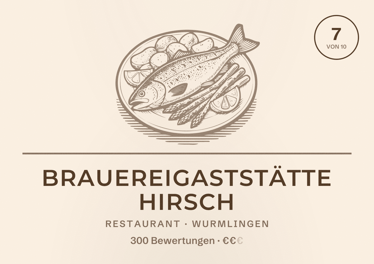 Illustriertes Poster von Brauereigaststätte Hirsch, Restaurant in Wurmlingen: Bewertung 7 von 10 aus 300 Bewertungen, Preisniveau €€