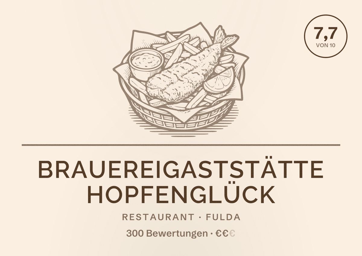 Illustriertes Poster von Brauereigaststätte HOPFENGLÜCK, Restaurant in Fulda: Bewertung 7,7 von 10 aus 300 Bewertungen, Preisniveau €€