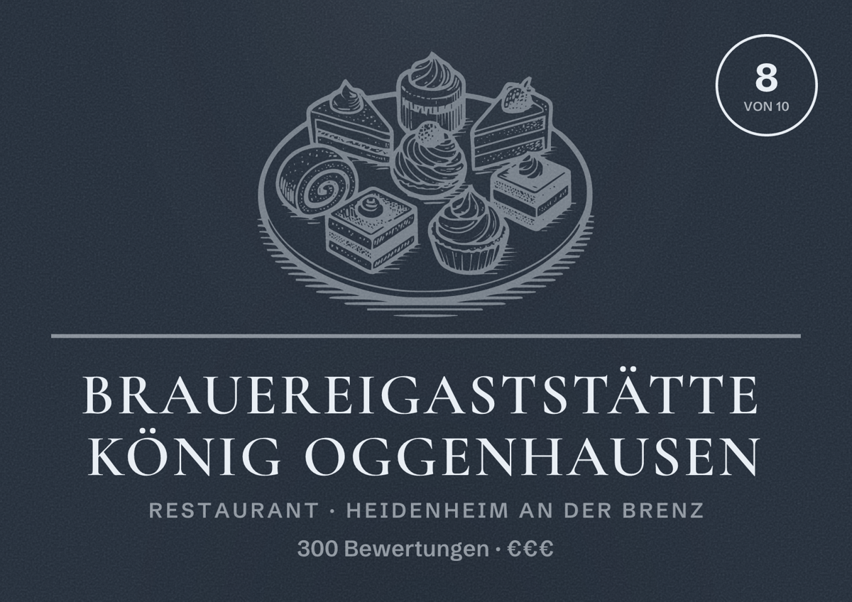 Illustriertes Poster von Brauereigaststätte König Oggenhausen, Restaurant in Heidenheim an der Brenz: Bewertung 8 von 10 aus 300 Bewertungen, Preisniveau €€€