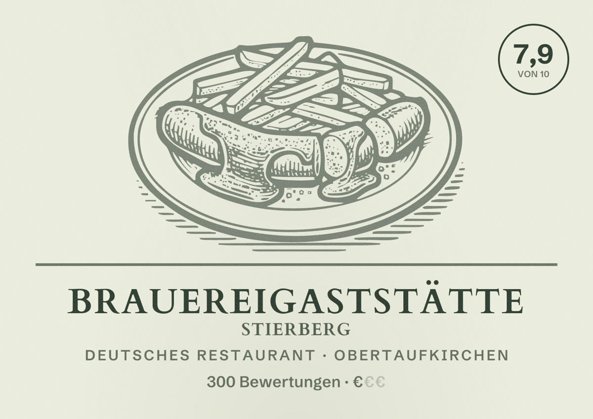 Illustriertes Poster von Brauereigaststätte Stierberg, Deutsches Restaurant in Obertaufkirchen: Bewertung 7,9 von 10 aus 300 Bewertungen, Preisniveau €