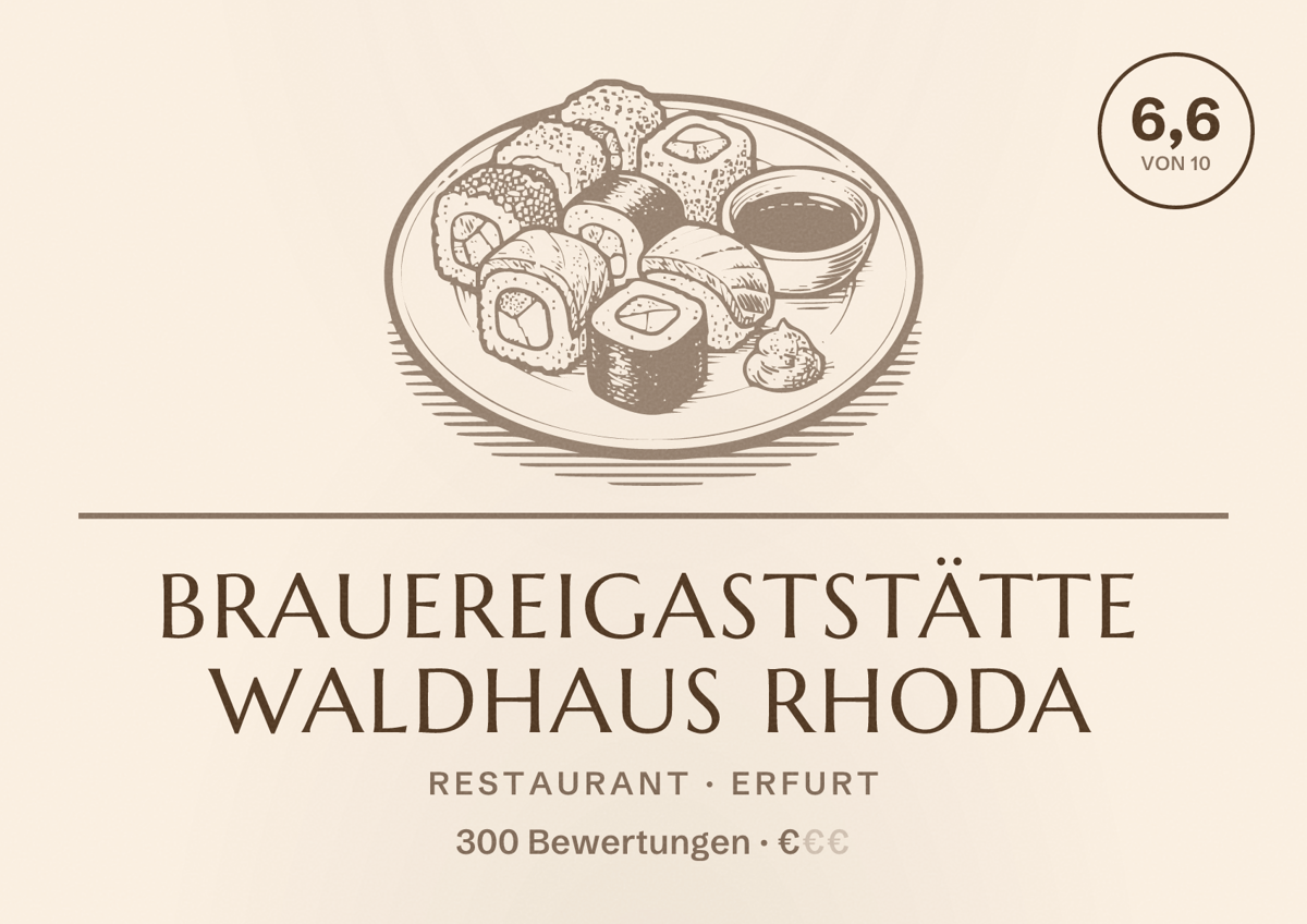 Illustriertes Poster von Brauereigaststätte Waldhaus Rhoda, Restaurant in Erfurt: Bewertung 6,6 von 10 aus 300 Bewertungen, Preisniveau €