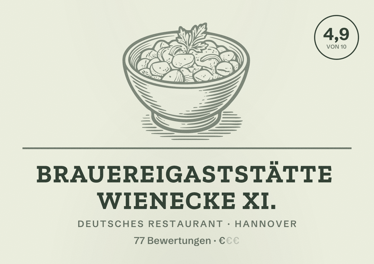 Illustriertes Poster von Brauereigaststätte Wienecke XI., Deutsches Restaurant in Hannover: Bewertung 4,9 von 10 aus 77 Bewertungen, Preisniveau €