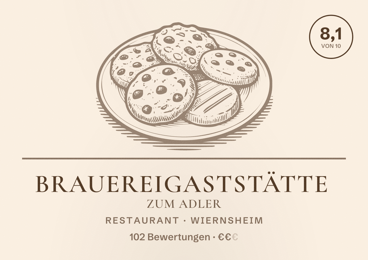 Illustriertes Poster von Brauereigaststätte Zum Adler, Restaurant in Wiernsheim: Bewertung 8,1 von 10 aus 102 Bewertungen, Preisniveau €€
