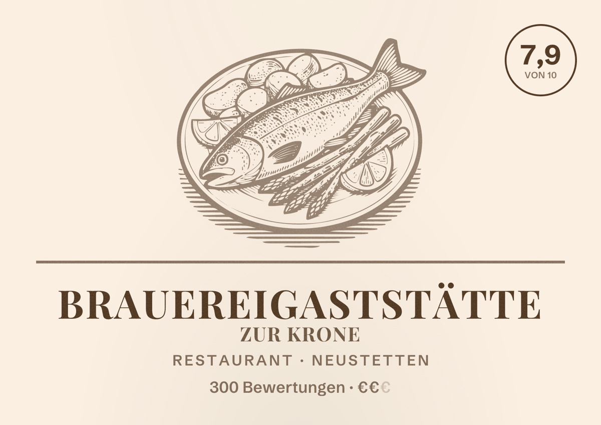 Illustriertes Poster von Brauereigaststätte Zur Krone, Restaurant in Neustetten: Bewertung 7,9 von 10 aus 300 Bewertungen, Preisniveau €€