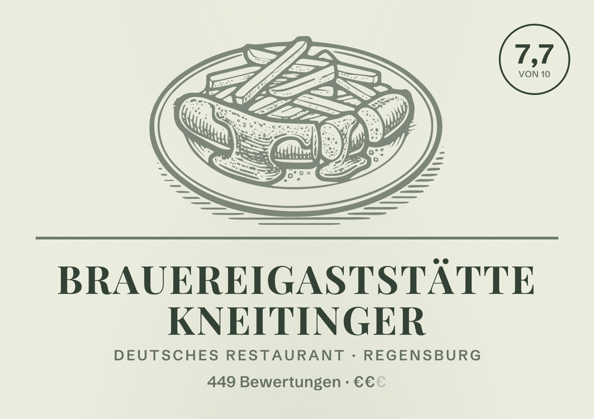 Illustriertes Poster von Brauereigaststätte Kneitinger, Deutsches Restaurant in Regensburg: Bewertung 7,7 von 10 aus 449 Bewertungen, Preisniveau €€