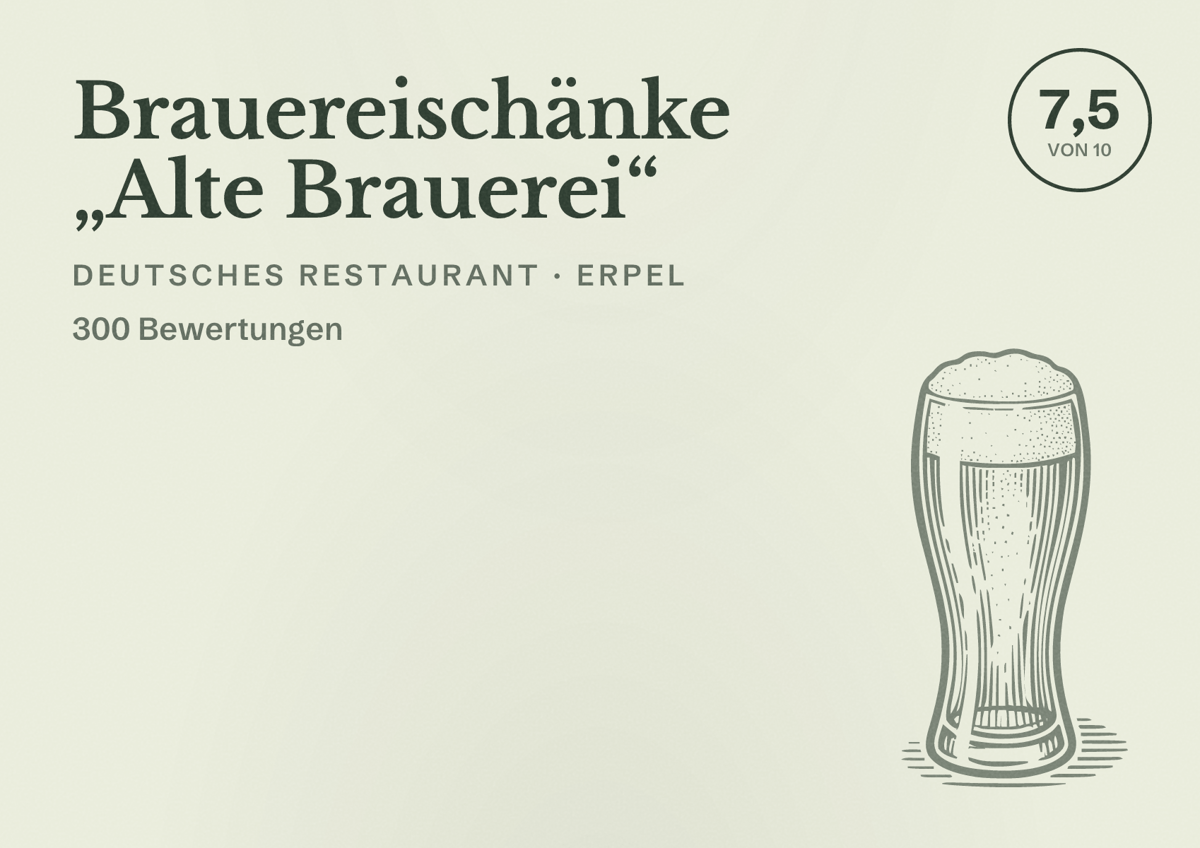 Illustriertes Poster von Brauereischänke „Alte Brauerei“, Deutsches Restaurant in Erpel: Bewertung 7,5 von 10 aus 300 Bewertungen