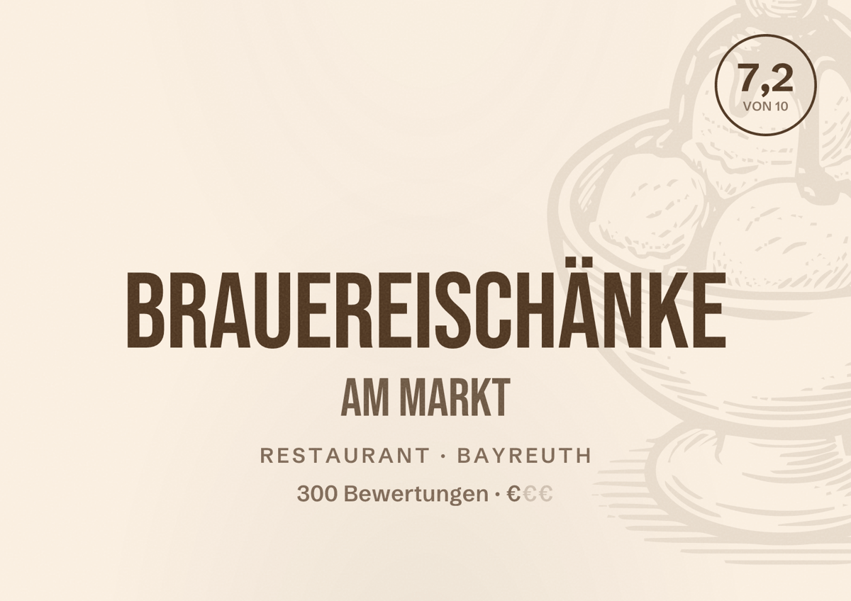 Illustriertes Poster von Brauereischänke am Markt, Restaurant in Bayreuth: Bewertung 7,2 von 10 aus 300 Bewertungen, Preisniveau €