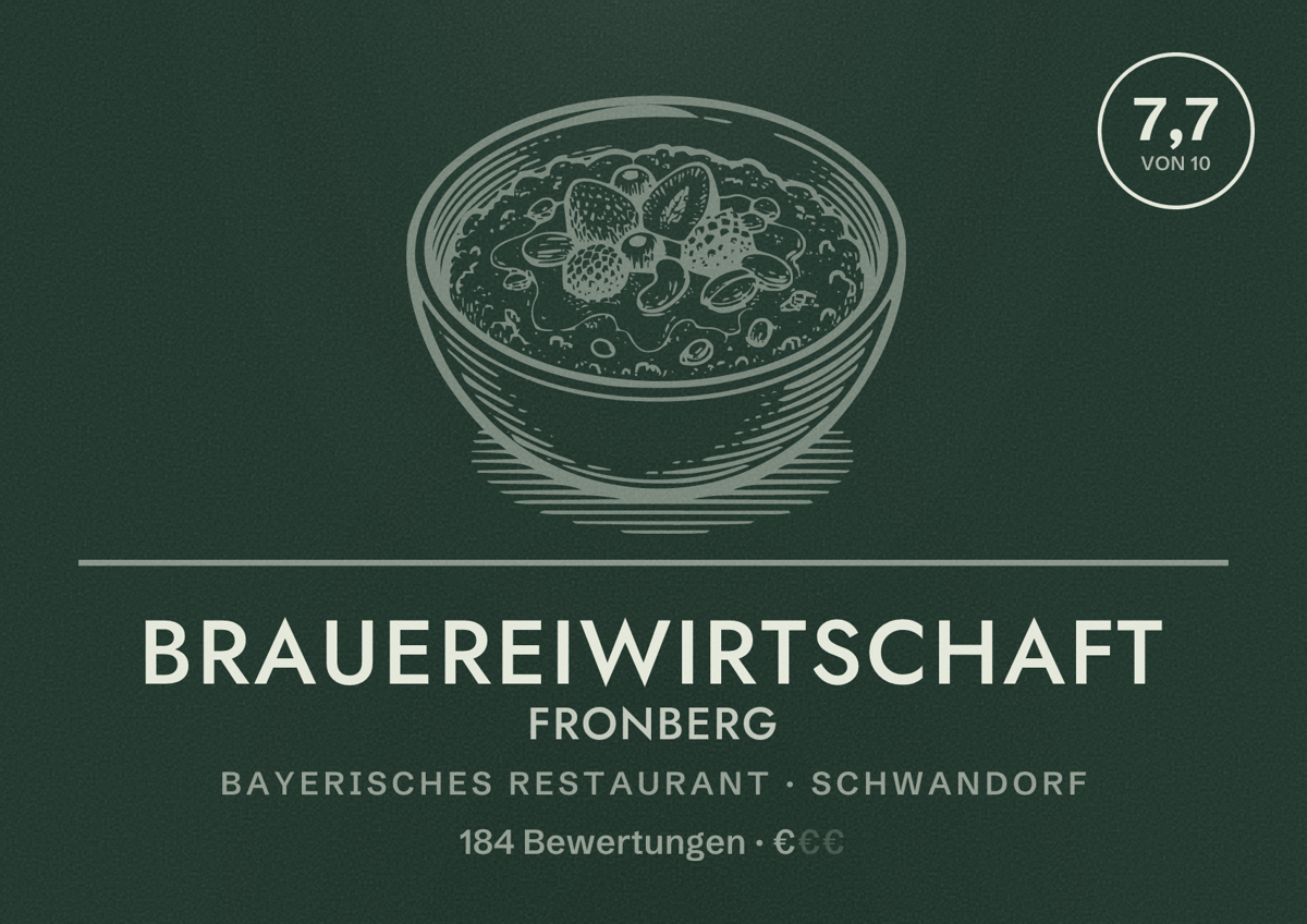 Illustriertes Poster von Brauereiwirtschaft Fronberg, Bayerisches Restaurant in Schwandorf: Bewertung 7,7 von 10 aus 184 Bewertungen, Preisniveau €