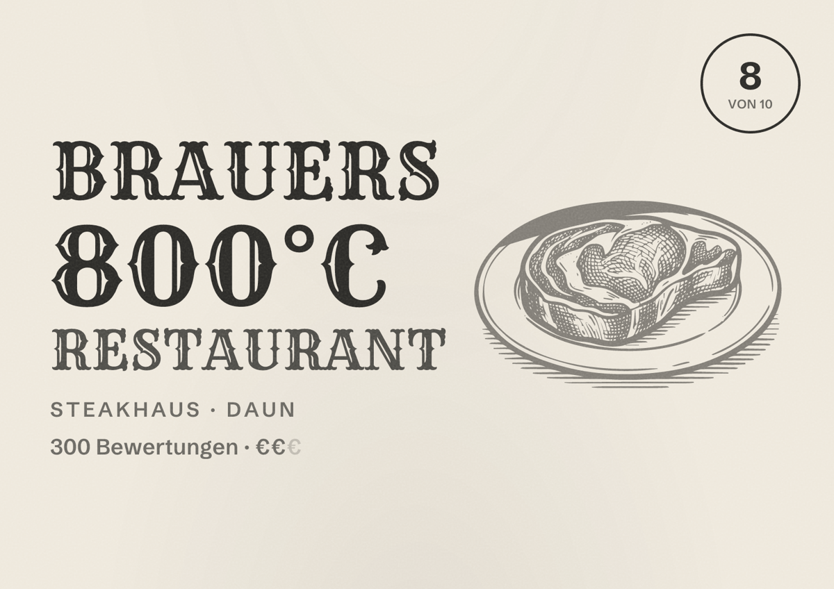 Illustriertes Poster von Brauers 800°C Restaurant, Steakhaus in Daun: Bewertung 8 von 10 aus 300 Bewertungen, Preisniveau €€