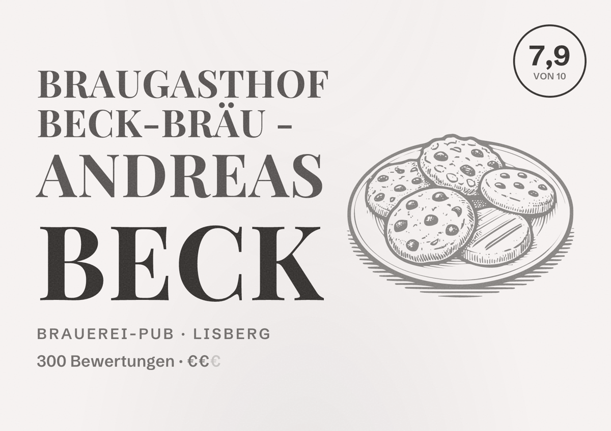 Illustriertes Poster von Braugasthof Beck-Bräu - Andreas Beck, Brauerei-Pub in Lisberg: Bewertung 7,9 von 10 aus 300 Bewertungen, Preisniveau €€