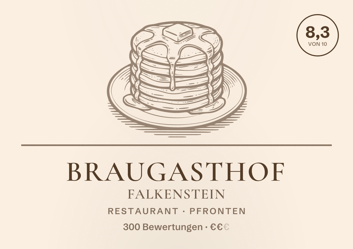 Illustriertes Poster von Braugasthof Falkenstein, Restaurant in Pfronten: Bewertung 8,3 von 10 aus 300 Bewertungen, Preisniveau €€