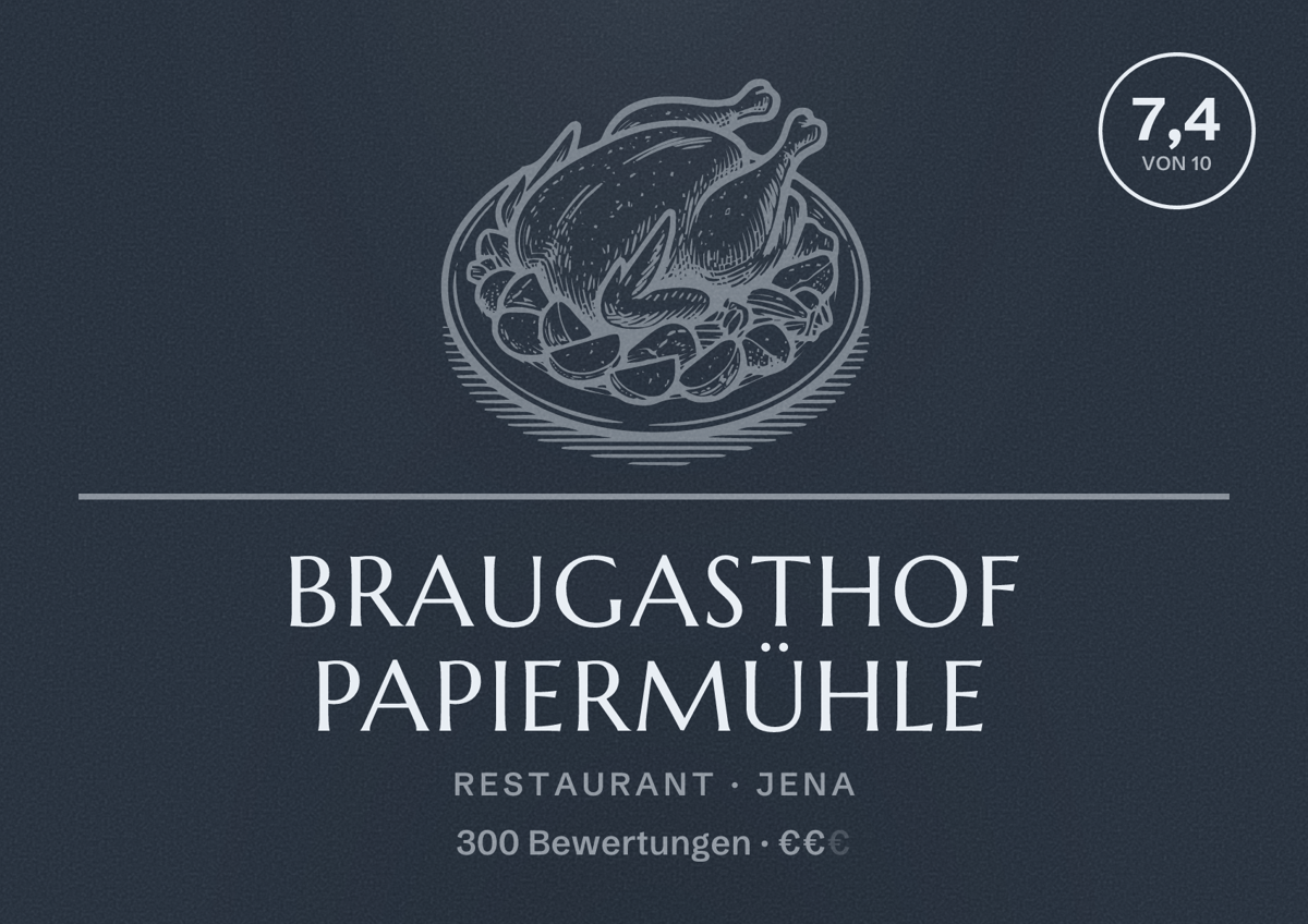 Illustriertes Poster von Braugasthof Papiermühle, Restaurant in Jena: Bewertung 7,4 von 10 aus 300 Bewertungen, Preisniveau €€