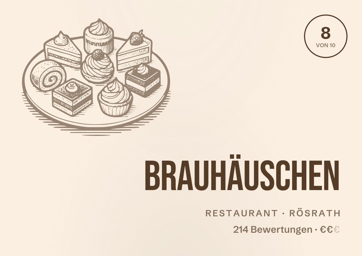 Illustriertes Poster von Brauhäuschen, Restaurant in Rösrath: Bewertung 8 von 10 aus 214 Bewertungen, Preisniveau €€