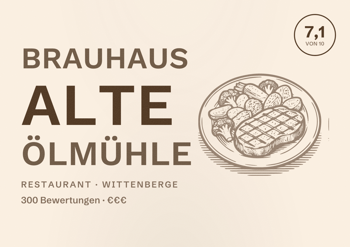 Illustriertes Poster von Brauhaus Alte Ölmühle, Restaurant in Wittenberge: Bewertung 7,1 von 10 aus 300 Bewertungen, Preisniveau €€€