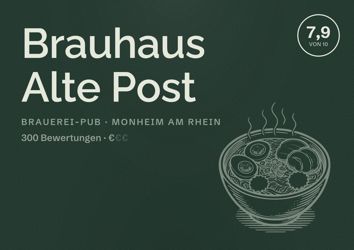 Illustriertes Poster von Brauhaus Alte Post, Brauerei-Pub in Monheim am Rhein: Bewertung 7,9 von 10 aus 300 Bewertungen, Preisniveau €