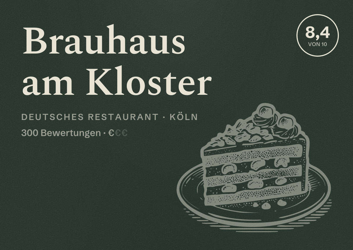 Illustriertes Poster von Brauhaus am Kloster, Deutsches Restaurant in Köln: Bewertung 8,4 von 10 aus 300 Bewertungen, Preisniveau €