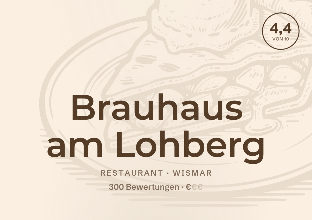 Illustriertes Poster von Brauhaus am Lohberg, Restaurant in Wismar: Bewertung 4,4 von 10 aus 300 Bewertungen, Preisniveau €