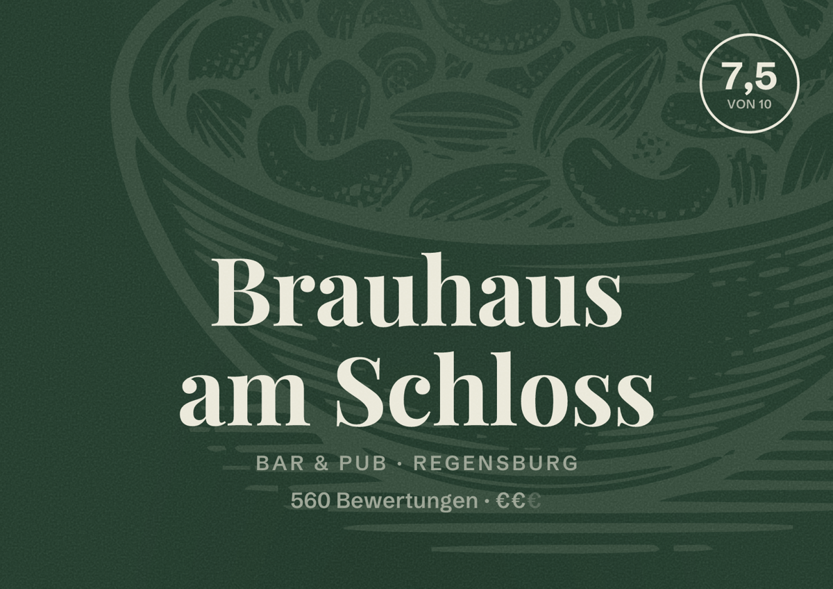 Illustriertes Poster von Brauhaus am Schloss, Bar & Pub in Regensburg: Bewertung 7,5 von 10 aus 560 Bewertungen, Preisniveau €€