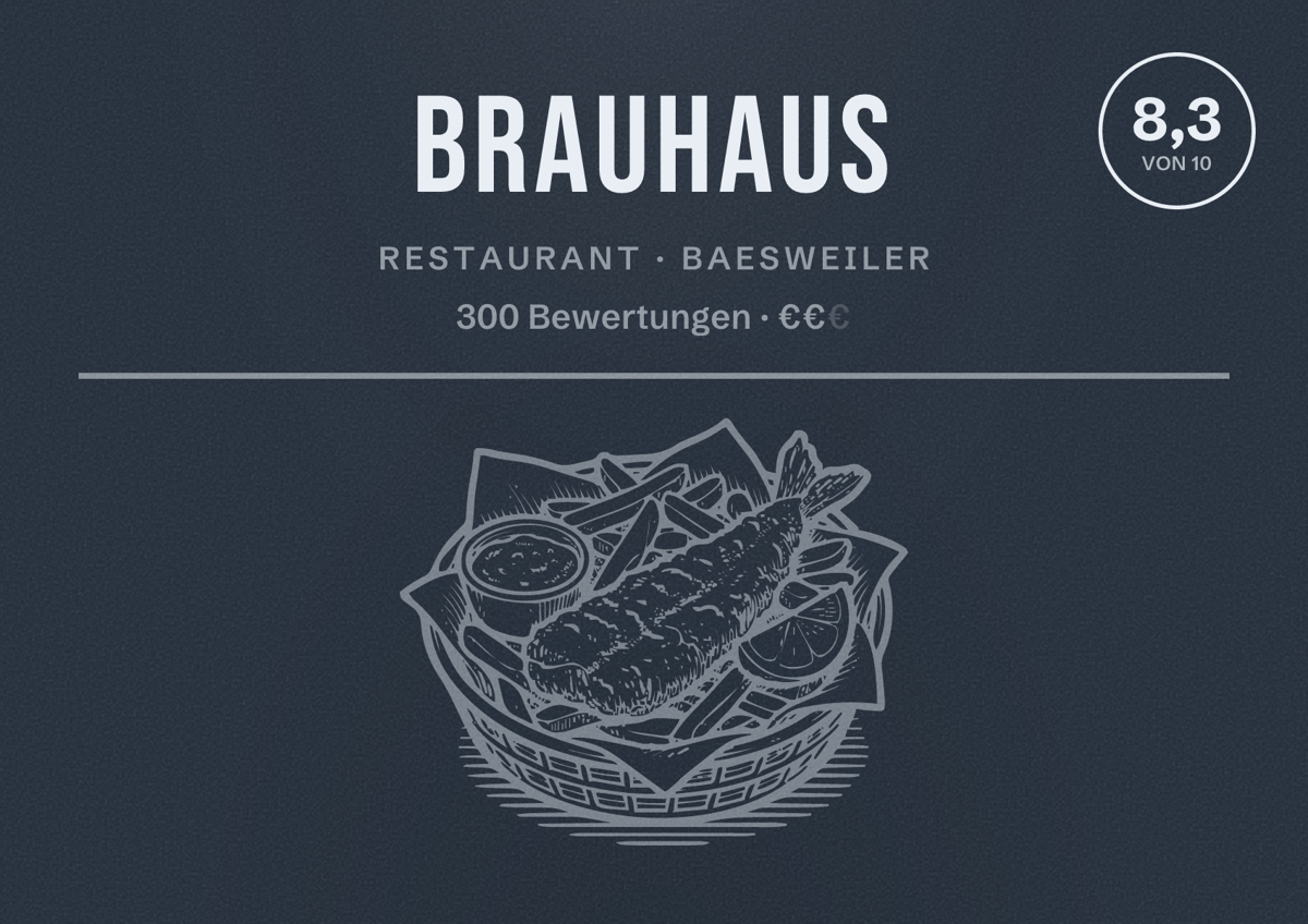 Illustriertes Poster von Brauhaus, Restaurant in Baesweiler: Bewertung 8,3 von 10 aus 300 Bewertungen, Preisniveau €€