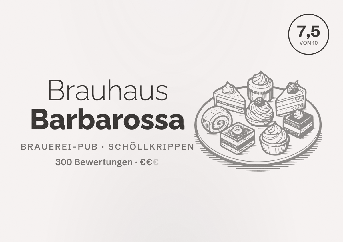 Illustriertes Poster von Brauhaus Barbarossa, Brauerei-Pub in Schöllkrippen: Bewertung 7,5 von 10 aus 300 Bewertungen, Preisniveau €€