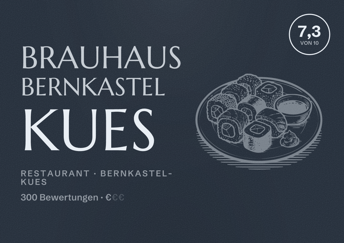 Illustriertes Poster von Brauhaus Bernkastel Kues, Restaurant in Bernkastel-Kues: Bewertung 7,3 von 10 aus 300 Bewertungen, Preisniveau €