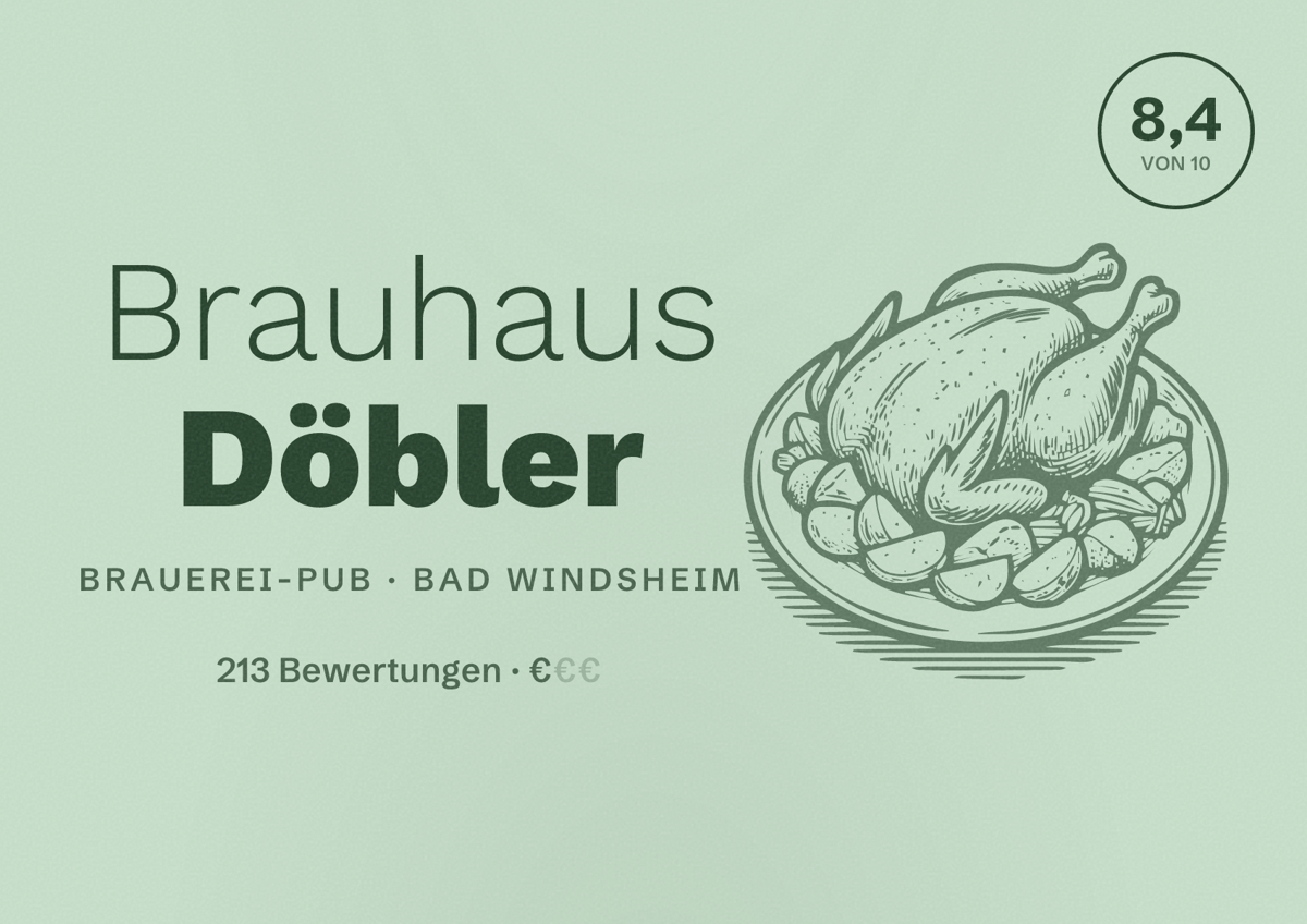 Illustriertes Poster von Brauhaus Döbler, Brauerei-Pub in Bad Windsheim: Bewertung 8,4 von 10 aus 213 Bewertungen, Preisniveau €