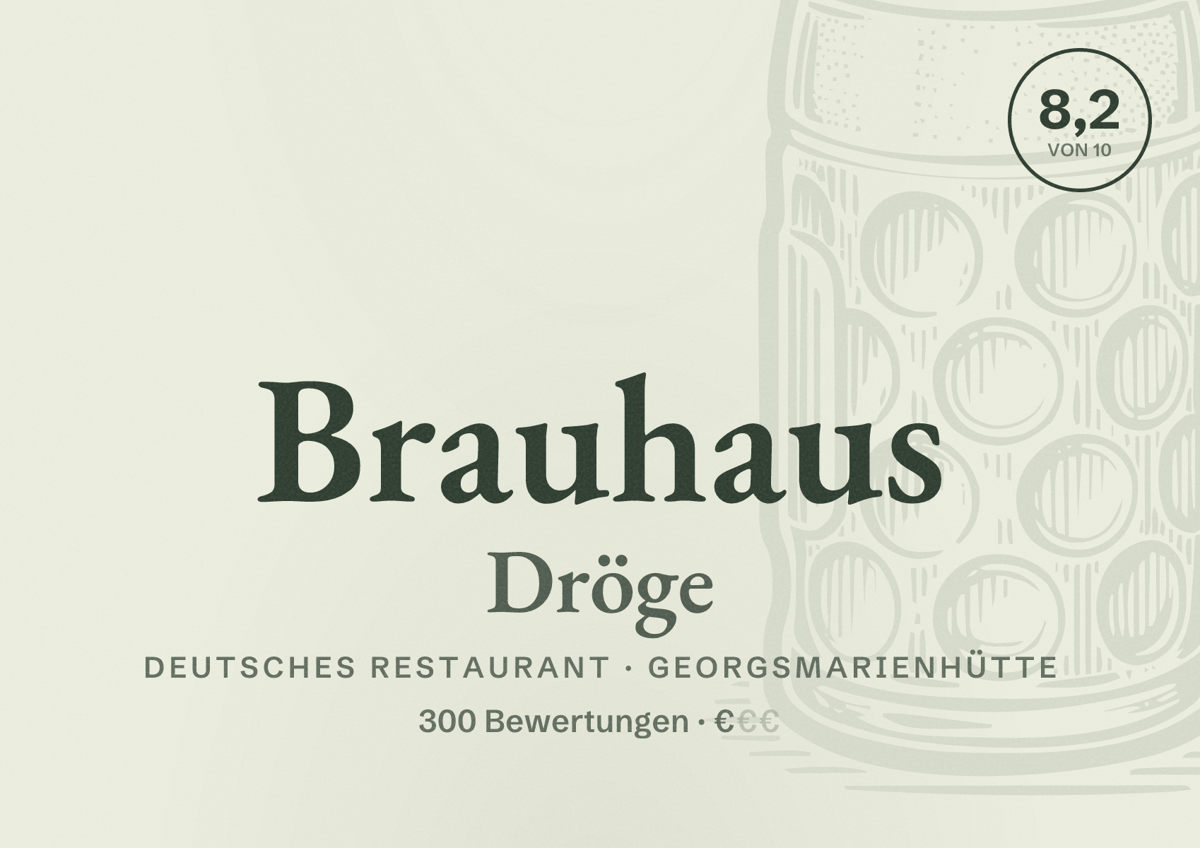 Illustriertes Poster von Brauhaus Dröge, Deutsches Restaurant in Georgsmarienhütte: Bewertung 8,2 von 10 aus 300 Bewertungen, Preisniveau €