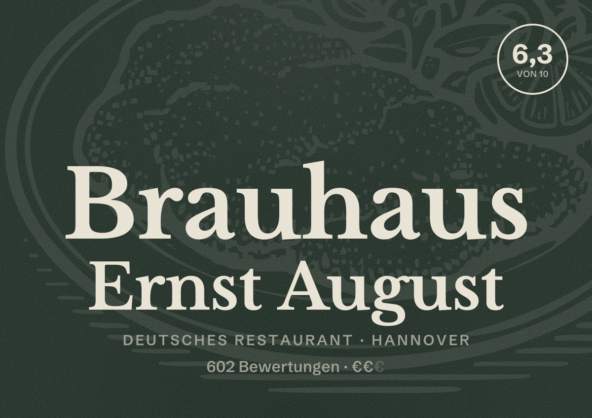 Illustriertes Poster von Brauhaus Ernst August, Deutsches Restaurant in Hannover: Bewertung 6,3 von 10 aus 602 Bewertungen, Preisniveau €€