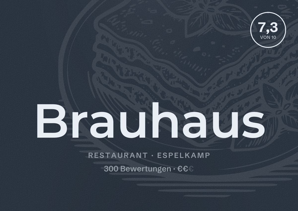Illustriertes Poster von Brauhaus, Restaurant in Espelkamp: Bewertung 7,3 von 10 aus 300 Bewertungen, Preisniveau €€