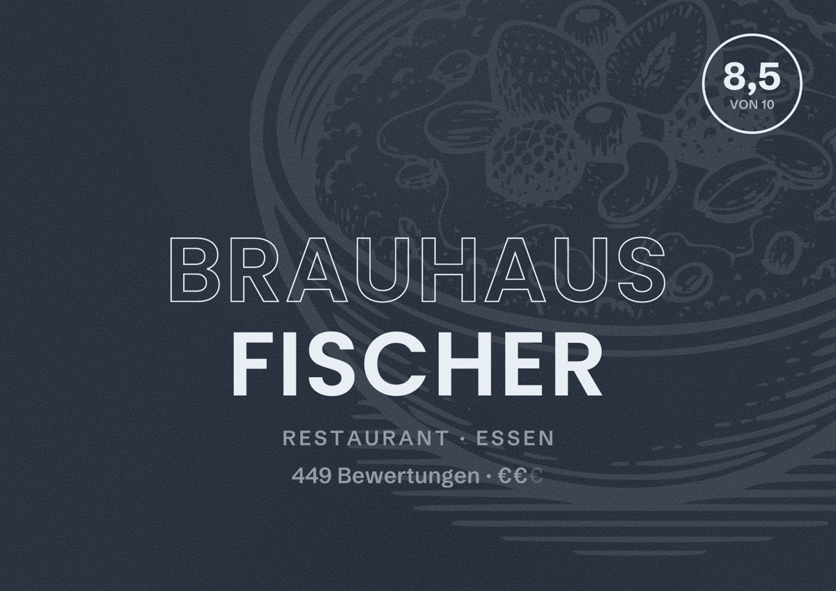 Illustriertes Poster von Brauhaus Fischer, Restaurant in Essen: Bewertung 8,5 von 10 aus 449 Bewertungen, Preisniveau €€
