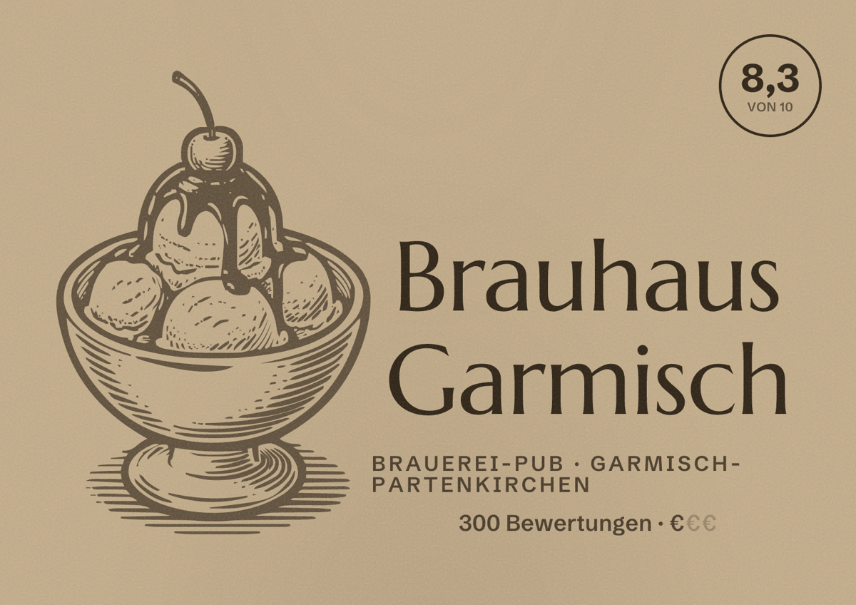 Illustriertes Poster von Brauhaus Garmisch, Brauerei-Pub in Garmisch-Partenkirchen: Bewertung 8,3 von 10 aus 300 Bewertungen, Preisniveau €