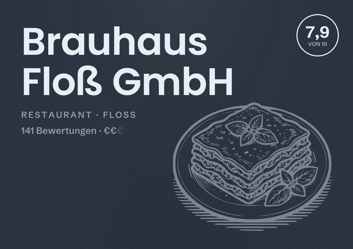Illustriertes Poster von Brauhaus Floß GmbH, Restaurant in Floss: Bewertung 7,9 von 10 aus 141 Bewertungen, Preisniveau €€