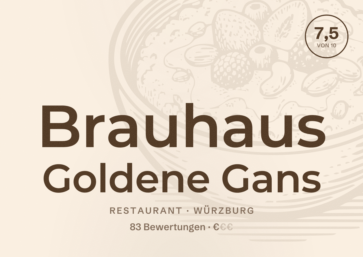 Illustriertes Poster von Brauhaus Goldene Gans, Restaurant in Würzburg: Bewertung 7,5 von 10 aus 83 Bewertungen, Preisniveau €