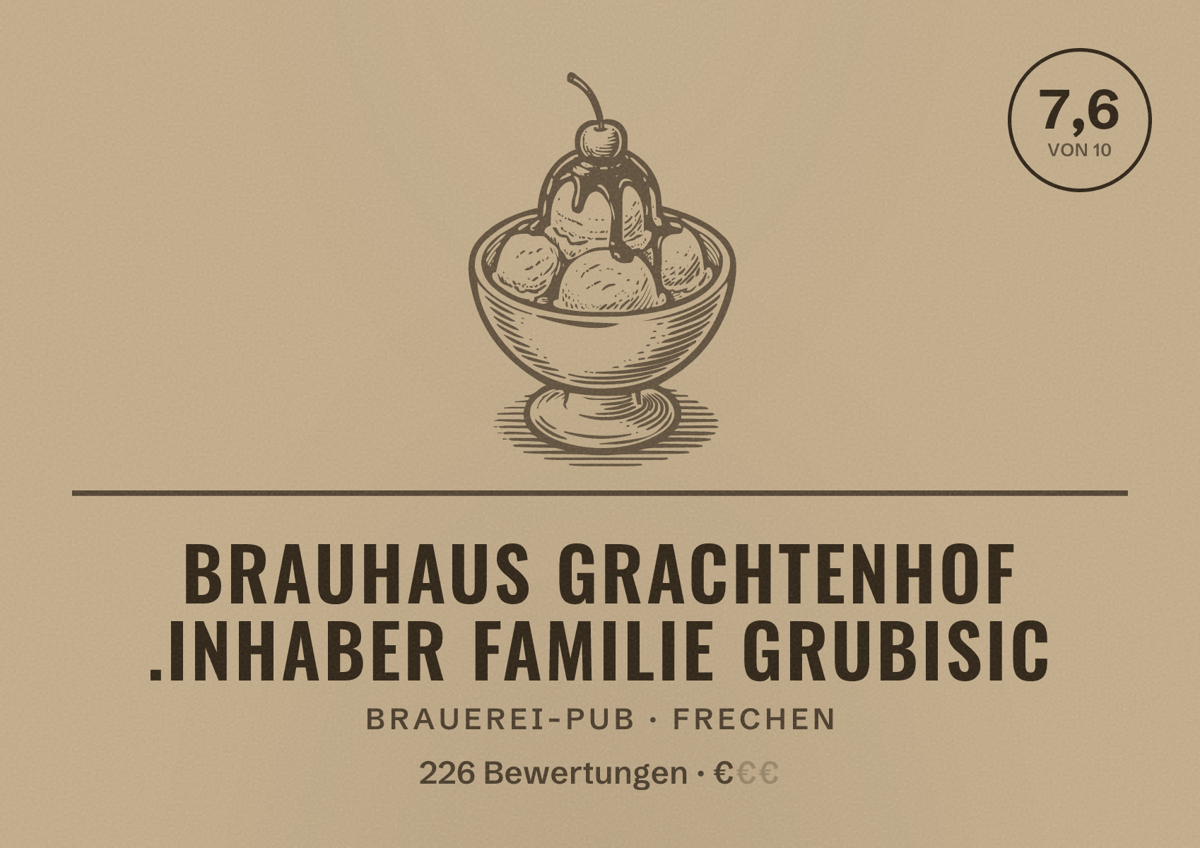 Illustriertes Poster von Brauhaus Grachtenhof .Inhaber Familie Grubisic, Brauerei-Pub in Frechen: Bewertung 7,6 von 10 aus 226 Bewertungen, Preisniveau €