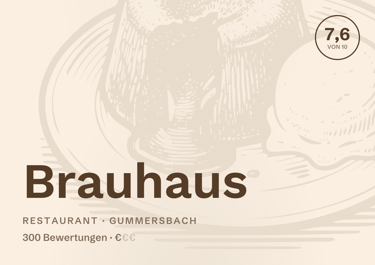 Illustriertes Poster von Brauhaus, Restaurant in Gummersbach: Bewertung 7,6 von 10 aus 300 Bewertungen, Preisniveau €