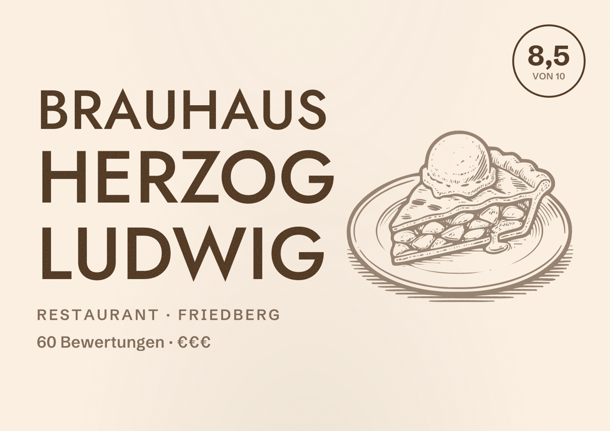Illustriertes Poster von Brauhaus Herzog Ludwig, Restaurant in Friedberg: Bewertung 8,5 von 10 aus 60 Bewertungen, Preisniveau €€€