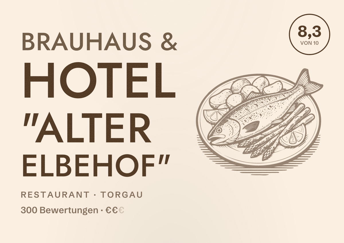 Illustriertes Poster von Brauhaus & Hotel "Alter Elbehof", Restaurant in Torgau: Bewertung 8,3 von 10 aus 300 Bewertungen, Preisniveau €€
