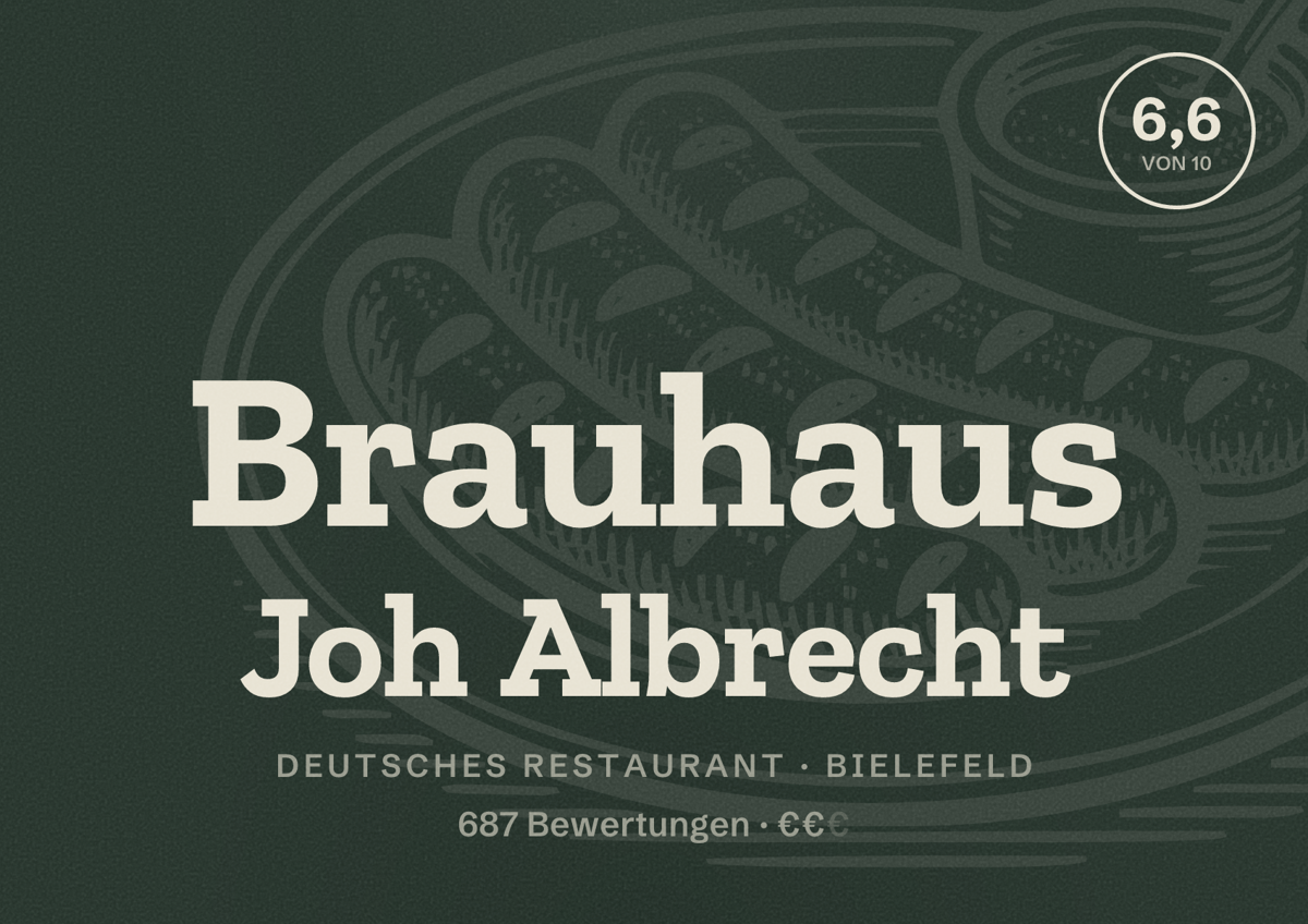 Illustriertes Poster von Brauhaus Joh Albrecht, Deutsches Restaurant in Bielefeld: Bewertung 6,6 von 10 aus 687 Bewertungen, Preisniveau €€