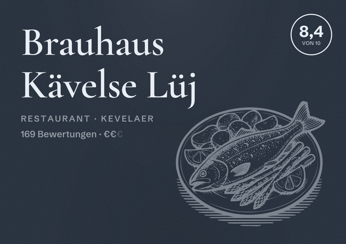 Illustriertes Poster von Brauhaus Kävelse Lüj, Restaurant in Kevelaer: Bewertung 8,4 von 10 aus 169 Bewertungen, Preisniveau €€