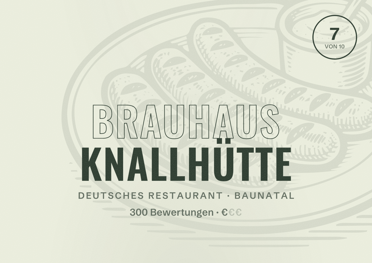 Illustriertes Poster von Brauhaus Knallhütte, Deutsches Restaurant in Baunatal: Bewertung 7 von 10 aus 300 Bewertungen, Preisniveau €