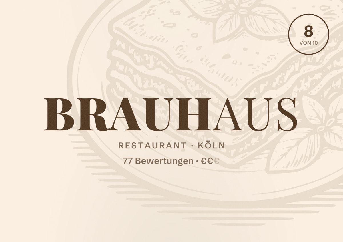 Illustriertes Poster von Brauhaus, Restaurant in Köln: Bewertung 8,0 von 10 aus 77 Bewertungen, Preisniveau €€