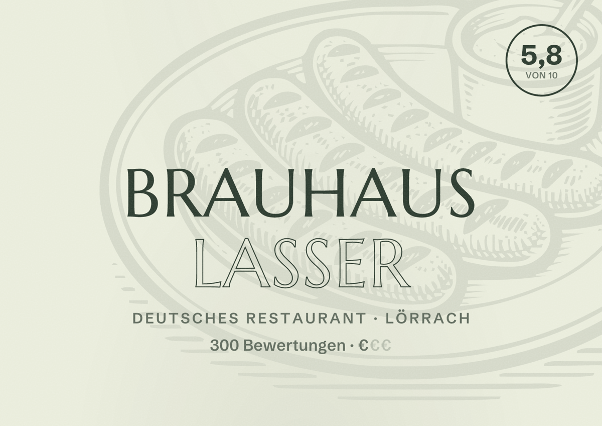 Illustriertes Poster von Brauhaus Lasser, Deutsches Restaurant in Lörrach: Bewertung 5,8 von 10 aus 300 Bewertungen, Preisniveau €
