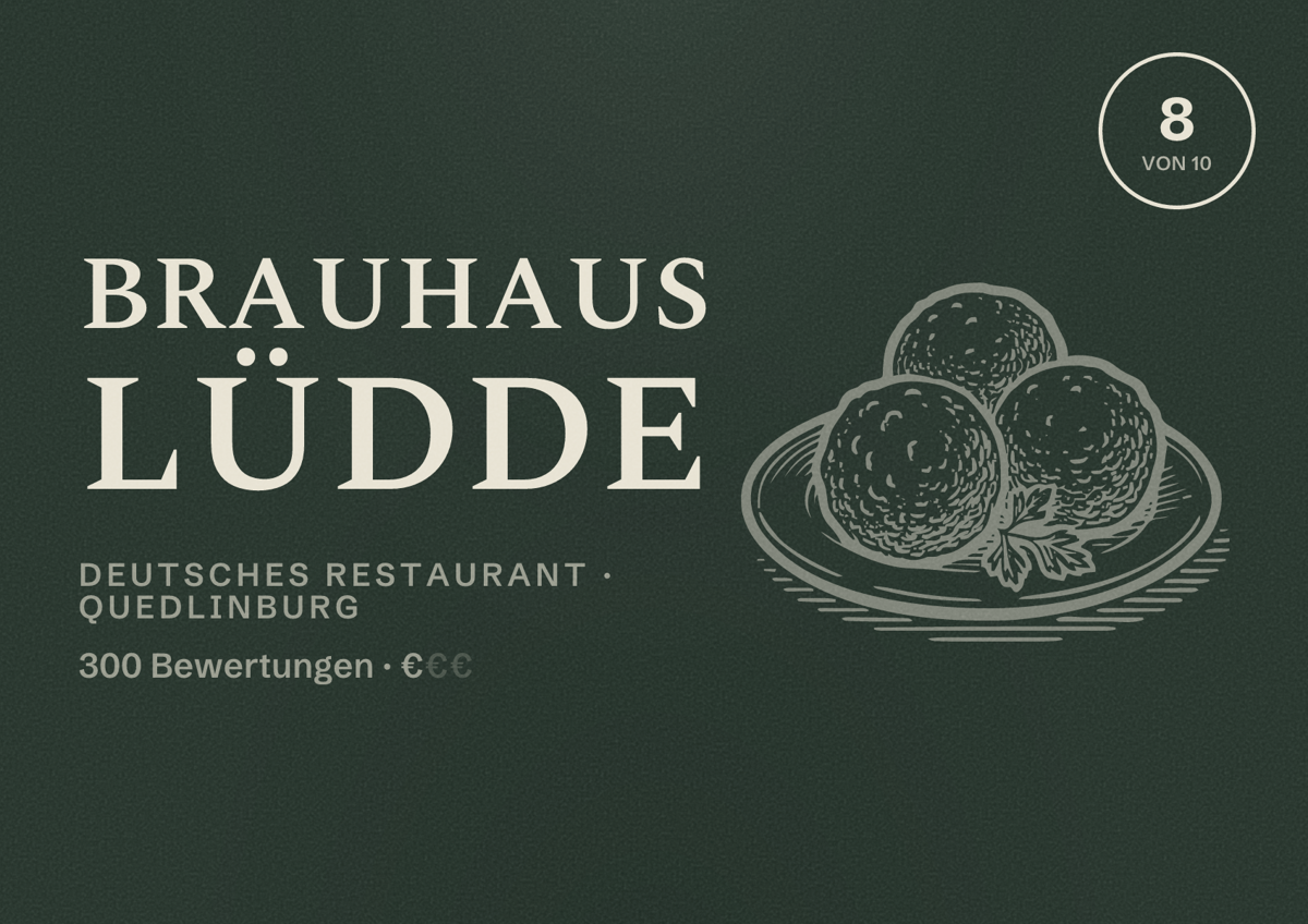 Illustriertes Poster von Brauhaus Lüdde, Deutsches Restaurant in Quedlinburg: Bewertung 8 von 10 aus 300 Bewertungen, Preisniveau €