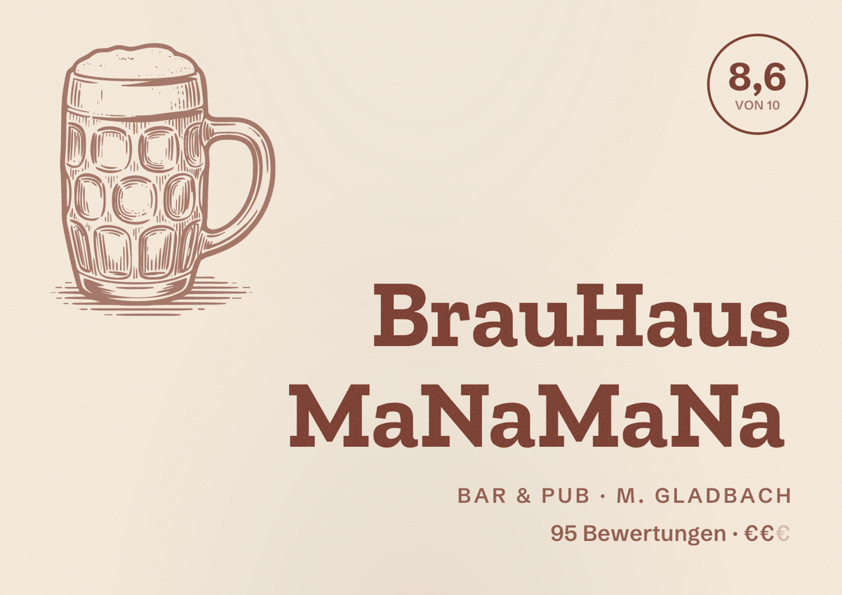 Illustriertes Poster von BrauHaus MaNaMaNa, Bar & Pub in M. Gladbach: Bewertung 8,6 von 10 aus 95 Bewertungen, Preisniveau €€
