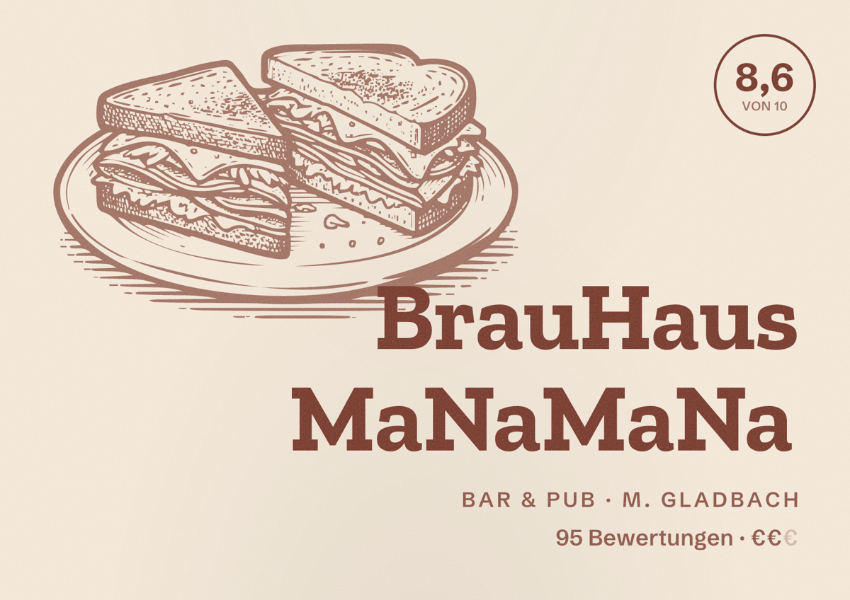 Illustriertes Poster von BrauHaus MaNaMaNa, Bar & Pub in M. Gladbach: Bewertung 8,6 von 10 aus 95 Bewertungen, Preisniveau €€