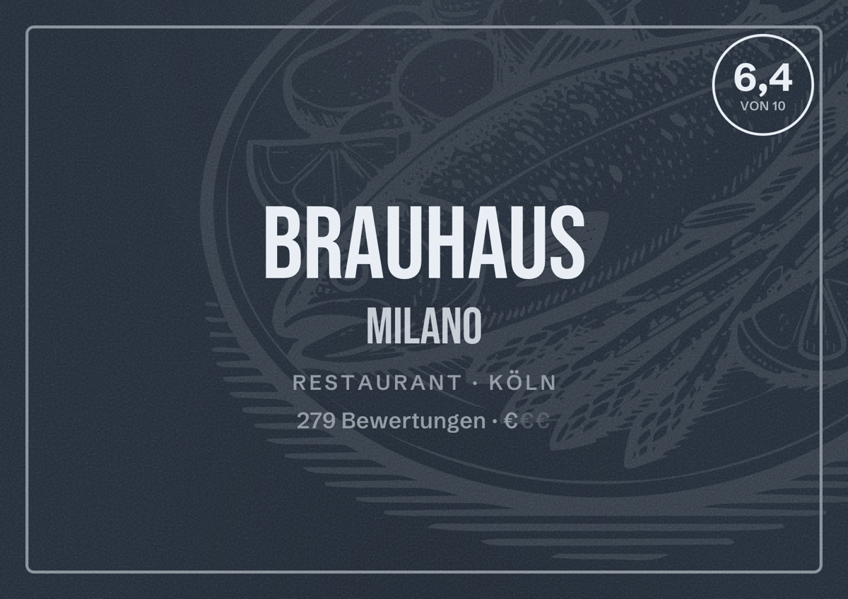 Illustriertes Poster von Brauhaus Milano, Restaurant in Köln: Bewertung 6,4 von 10 aus 279 Bewertungen, Preisniveau €
