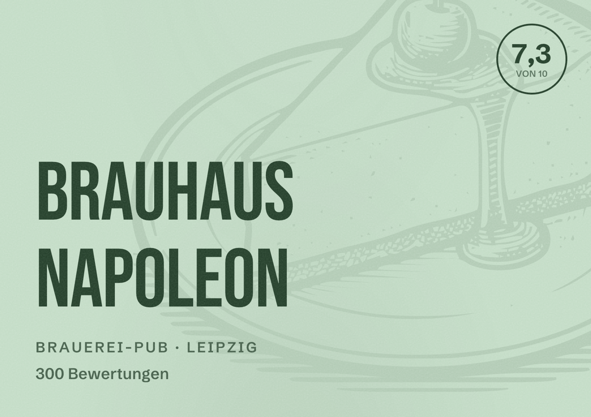 Illustriertes Poster von Brauhaus Napoleon, Brauerei-Pub in Leipzig: Bewertung 7,3 von 10 aus 300 Bewertungen