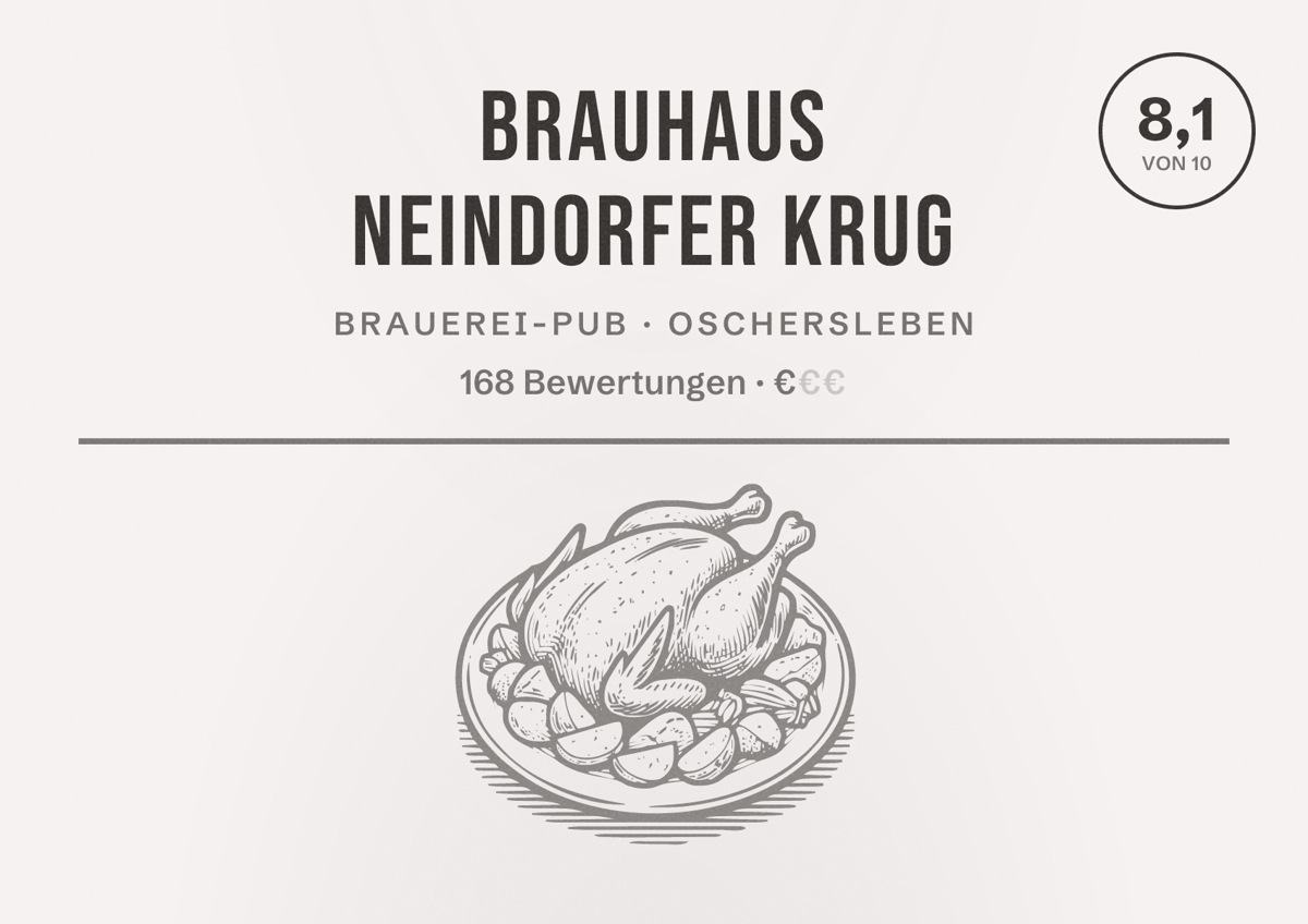 Illustriertes Poster von BRAUHAUS Neindorfer Krug, Brauerei-Pub in Oschersleben: Bewertung 8,1 von 10 aus 168 Bewertungen, Preisniveau €